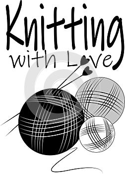 Ball of thread black and white graphic with knitting needles